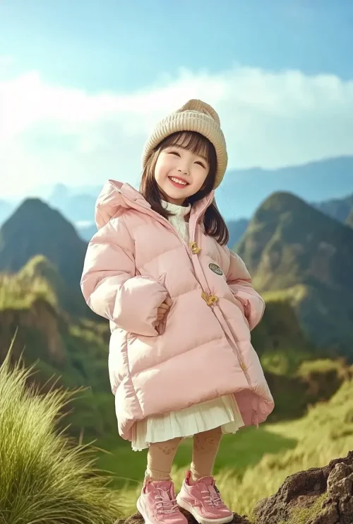 Happy Girl in Pink Puffer Jacket by the Mountains