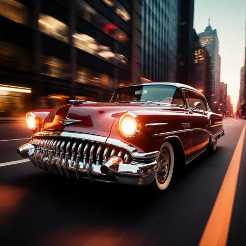 Vintage Red Car Speeding Down City Street