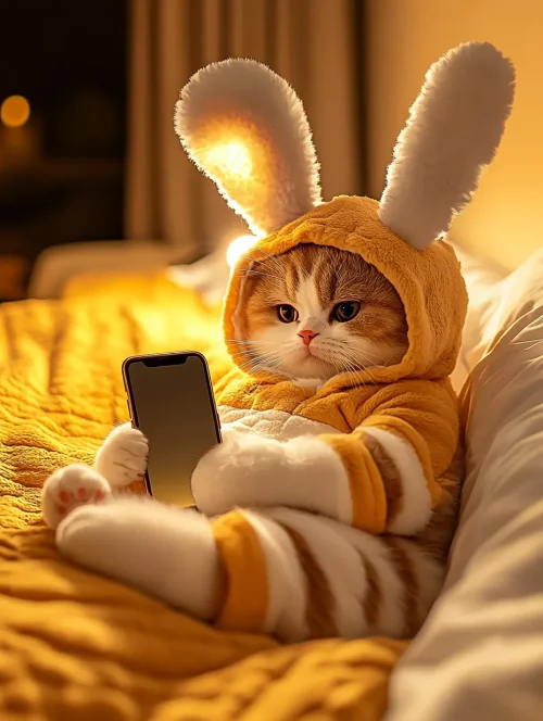 Cat in Bunny Outfit Holding Phone